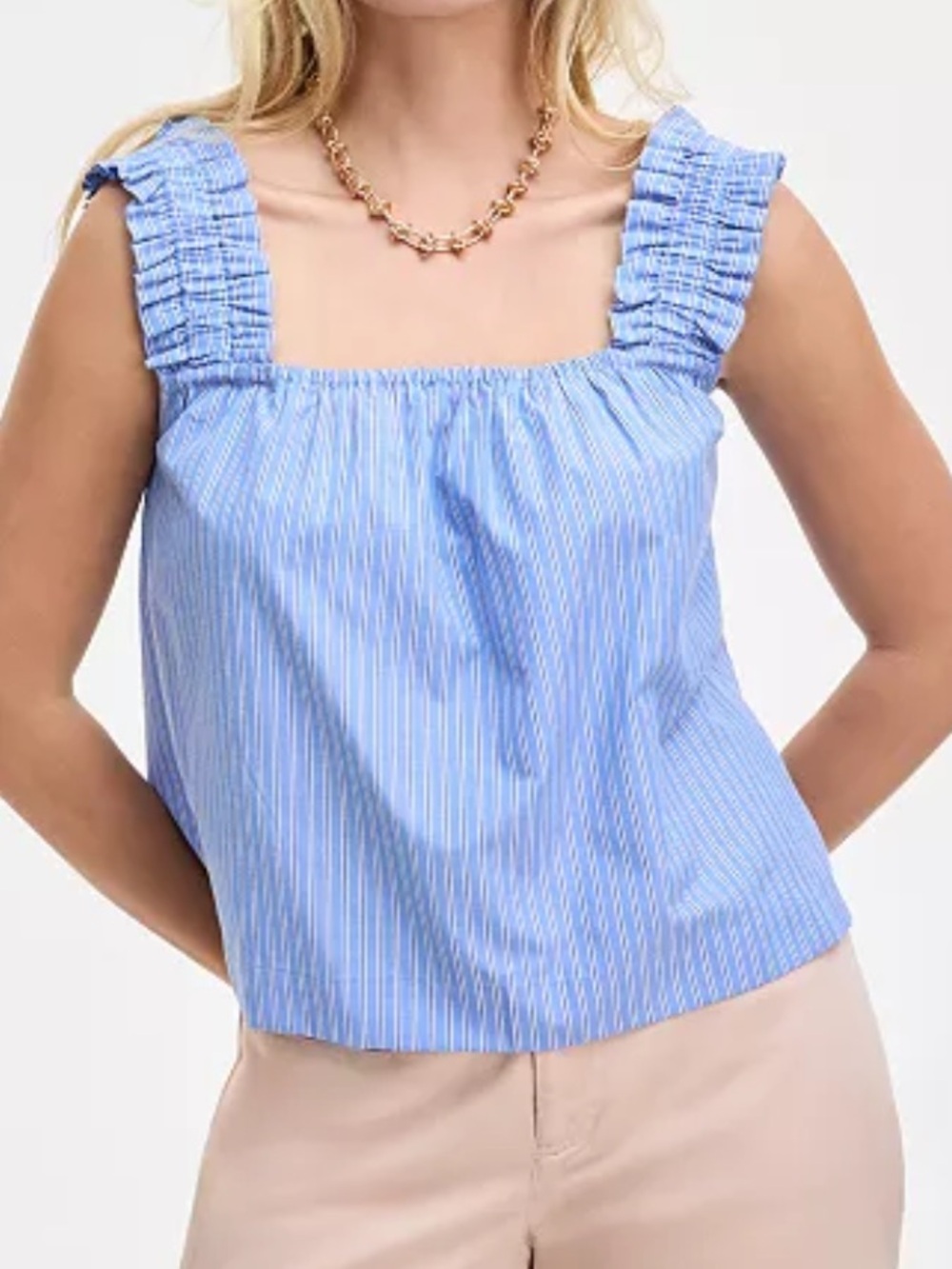 On 34th Blue Striped Smocked Strap Tank Top small